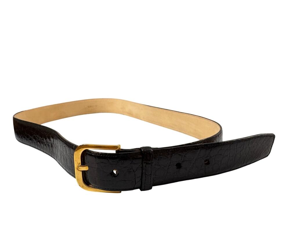 T. Anthony Men French Calf Belt Black Alligator Embossed Leather Gold Buckle 38